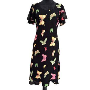 Vtg Chadwicks Butterfly Dress L All Over Print Flutter Sleeves Beaded Fairy Goth